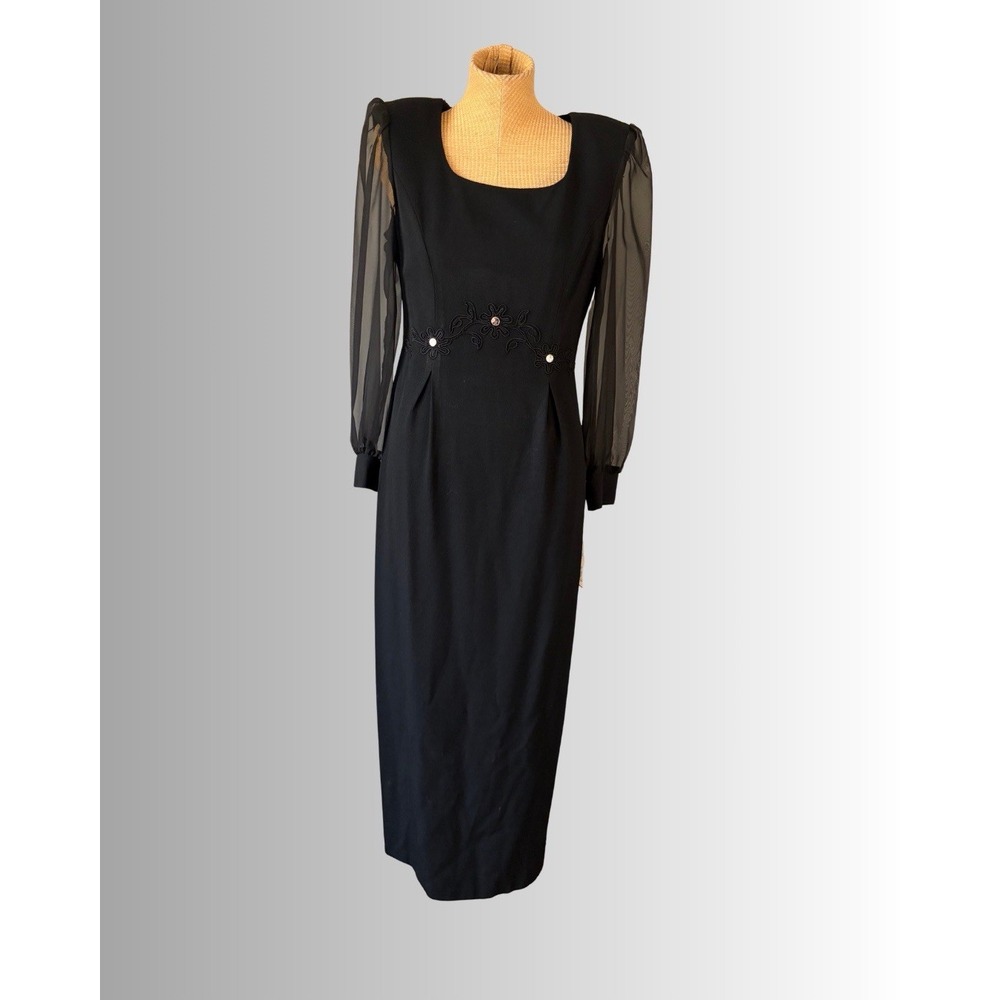 VTG 80s 90s Perceptions Dress Black Long Sheer Sleeves Goth Shoulder Pad NWT 8